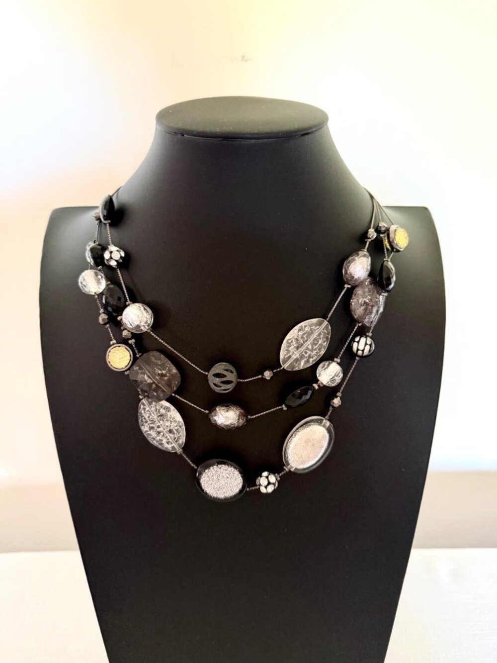 Vintage NY Collection Black Silver Multi Strand Beaded Statement Necklace